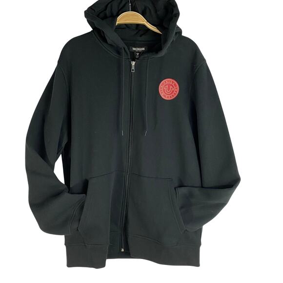 True Religion Y2K College Zip Hoodie Sweatshirt Men M Jet Black Logo Skater NWT - Picture 2 of 11